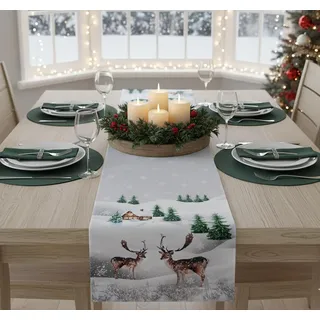 KAMACA Tischläufer 40x140 cm Winter- & Weihnachtsdekoration mit naturgetreuem Hirschmotiv festlicher Läufer Tischdeko Küche Esszimmer & Wohnzimmer robust Winter Weihnachten (Hirsche im Wald)