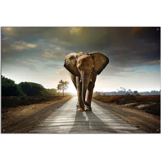 Wallario Outdoor-Poster für Garten oder Balkon, Motiv Elefant bei Sonnenaufgang in Afrika, in ca. 61 x 91,50 cm - Braun