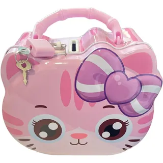 Lustige Spardose aus Metall mit Schloss und Schlüssel, große Größe für Jungen und Mädchen (Sparschwein mit rosa Katze, Schloss)