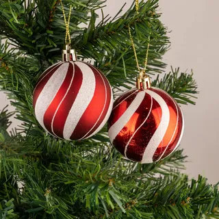 10 cm/3 Stück Weihnachtskugeln, bruchsicher, rot-weiß, Süßigkeitenstreifen, Weihnachtsbaumschmuck, Kugel, Ornamente, Kugeln, Weihnachtsdekoration, Urlaubsdekoration, glänzend, matt, glitzernd