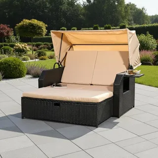 Strandkorb Schwarz Sonnendach Sonnenliege Sonnenbett Polyrattan Lounge Garten - Schwarz