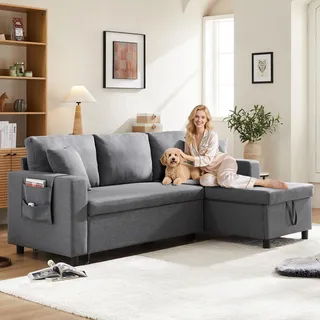 Merax 3-Sitzer Ecksofa mit Schlaffunktion, L-Form Sofa mit Bettkasten, Sofa Seitentasche Wohnlandschft, Schlafsofa Couchgarnitur Bettcouch, Dunkelgrau - Grau