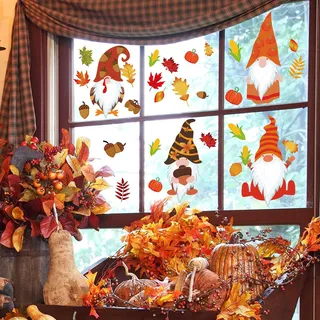 WandSticker4U®- [8 Bögen] Fensterbilder Herbst WICHTEL + BLÄTTER selbstklebend I Fenstersticker Kinder Herbstdeko Fenster Wichtel wiederverwendbar I Fensteraufkleber Gnome Wohnzimmer Küche GROß