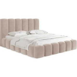 Polsterbett 120x200 mit Bettkasten und Lattenrost – Creme Bett mit hohem Kopfteil, Boucle oder Samt Stoff - Modernes Doppelbett mit Stauraum – Bettgestell, ohne Matratze – Serenity - Creme - Beige