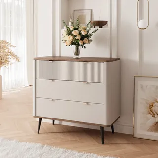 Geriffelte Kommode NAVANI 90 cm mit 3 Schubladen Soft-Close-System Aufbewahrungsschrank Kaschmir + Nussbaum Stehend Stauraummöbel Sideboard Schubladenschrank mit goldene Griffe Wohnzimmer Stauraum - Braun, Schwarz