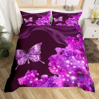 Loussiesd Mädchen Bettwäsche 3D Schmetterlinge Bettwäsche 135×200 Bettwäsche Set Schmetterlinge Lila Blumen Bettbezüge Mikrofaser Bettbezug mit Reißverschluss und 1 Kissenbezug 80x80cm für Frauen