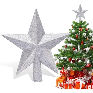 Christbaumspitze Stern Silber Glitzer – 20,5cm Tannenbaumspitze Silber 3D-Optik, Bruchsicherer Kunststoff, Leichter Topper Stern für Weihnachtsbaum, Robust & Wiederverwendbar (Klassisches Design)