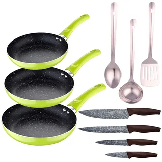 San Ignacio 3-teiliges Pfannen-Set (20 + 24 + 28 cm) grün gepresstes Aluminium mit 3 Stück Küchenutensilien, Edelstahl mit 4 Messern, Edelstahl