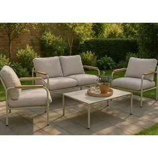 Mendler Aluminium-Gartengarnitur HWC-O11, Outdoor 2-Sitzer Sitzbank Sessel Sofa, Olefin (205 g/m2) - hellgrün Polster beige