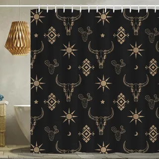 Duschvorhang mit Western-Bull-Schädel, Boho, Kuh, Longhorn, Totenkopf, Kaktus, Bohemian-Stil, Schwarz und Gold, Duschvorhang mit Haken, 183,9 x 183,9 cm, wasserdicht, Polyester, Badezimmer-Vorhang