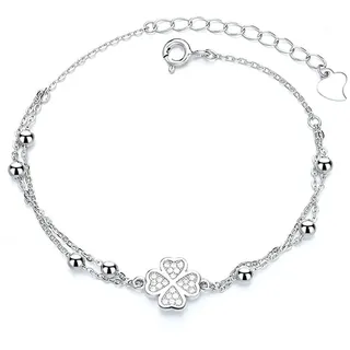 Belons Damen Armband Kleeblatt 925 Sterling Silber Zirkonia Vierblättrige Kleeblatt Charm Armband Mädchen Armkette Armkettchen Kinder Fußkettchen