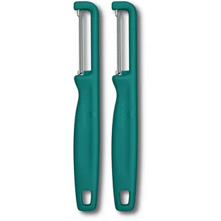 Victorinox Sparschäler "Iota", Schäler für Gemüse, Obst, Zackenschliff, Zweischneidig, Extra Scharf, Swiss Made, grün (Packung mit 2)