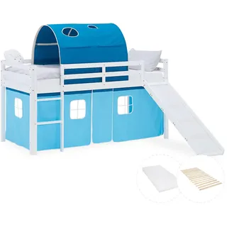 Homestyle4u Hochbett 90/200 cm weiß Rutsche Matratze Vorhang Tunnel Blau , Weiß, Hellblau , Textil , Kiefer , 90x200 cm , Babymöbel & Kindermöbel, Kinderzimmer & Jugendzimmer, Kinderbetten, Hochbetten
