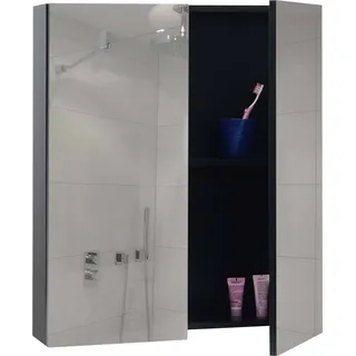 Spiegelschrank HWC-B19b, Badschrank Hängeschrank, 2 Regalböden hochglanz - 70x60x16cm schwarz - Schwarz