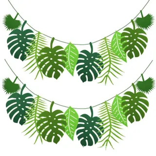 2 Stück Tropische Blätter Girlande, Dschungel Deko Geburtstag, Party Banner | Wiederverwendbare Künstliche Blätter Dekoration | Palmen Deko für Sommer Dschungel Geburtstag Hawaii Party