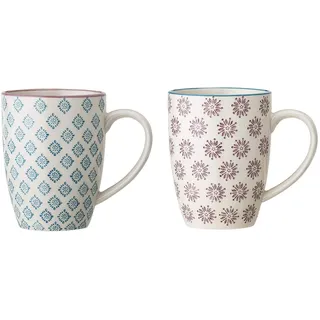 Bloomingville Tassen mit Henkel Patrizia Retro Kaffeetasse Teetasse Vintage Latte Macciato Becher ø 8 x H 10 cm, blau lavendel, Keramik, 2er Set, fasst ca. 300 ml