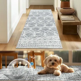 TOPICK Läufer Flur Waschbar Boho Eingangsbereich Marokkanischer Niedrigfloriger Geometrischer Fleckenabweisend, rutschfest Ultradünner für Küche Bauernhaus Badezimmer Tür 60x150(cm) Grau