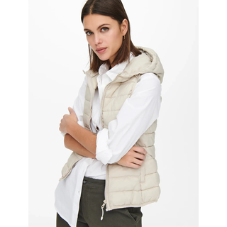 Steppweste ONLY "ONLNEWTAHOE HOOD WAISTCOAT OTW NOOS", Damen, Gr. L, grau (pumice stone), Steppware, Obermaterial: 100% Nylon, leicht glänzend, unifarben, tailliert normal, Westen Steppweste, Kunstfaser