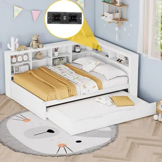 Merax Schlafsofa 140x200cm mit Ausziehbett 90x190cm, Tagesbett mit USB und Ablagefach, Kinderbett mit Lattenrost, Doppelbett Daybett Jugendbett, Weiß - Weiß