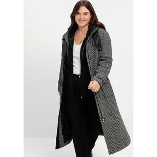Trenchcoat SHEEGO, Damen, Gr. 54, schwarz-weiß (schwarz, weiß), 70% Polyester, 30% Wolle, gemustert, Mäntel Trenchcoat