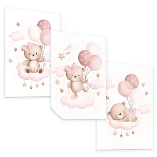 Muralo Poster SET für Kinderzimmer Teddybären Ballons Wolken Sterne 3x Poster A3 30x42cm , Rosa, Weiß, Beige , Papier , Tiere, Märchen/ Fantasie , Rechteckig , 30x42x1 cm , Bilder & Rahmen, Bilder, Sonstige Wandbilder
