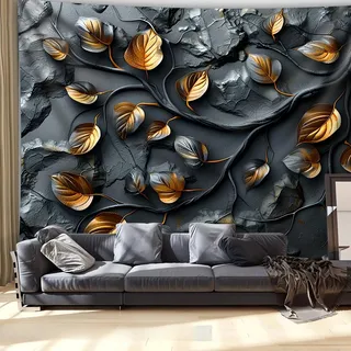 Arsey Wandteppich mit goldenen Blättern Perfekt für Schlafzimmer Wohnungs Wohnzimmer Modern Home Deko, Schwarz, groß 200 x 150cm
