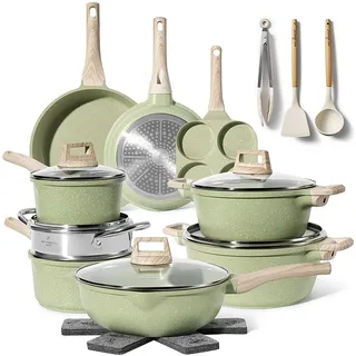 JUST PERFECTO Induktions Töpfe Set - Pfannenset mit deckel - Induktions Töpfe Set - töpfe & pfannen set ohne PTFE und PFOA - Kratzschutz-Silikon Kochgeschirr Topfset induktion (21 pcs Green)