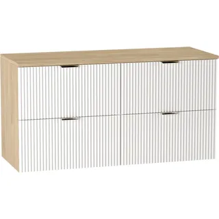 WENA Waschtischunterschrank 120 cm, geriffelte Fronten, Griffe aus Metall in der Farbe Gold (Farbe: Weiß / Eiche) - Weiß