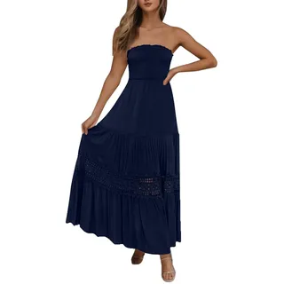 DeaAmyGline Strandkleid Damen Sommer Bandeau Kleid Trägerloses Sommerkleid Lang Schulterfreies Kleider Rückenfrei Sexy Boho Maxikleid A Linien Spitzen Häkelkleid Partykleid Freizeitkleid für Fauen