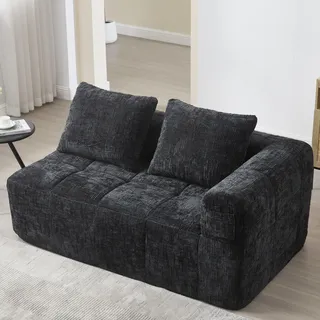 Zweisitzer Sofa Schwarz Couch ohne Montage 2-Sitzer Loungesofa mit Chaiselongue 1 Kissen Seitentasche Wohnlandschaft klein modern flauschig - Schwarz