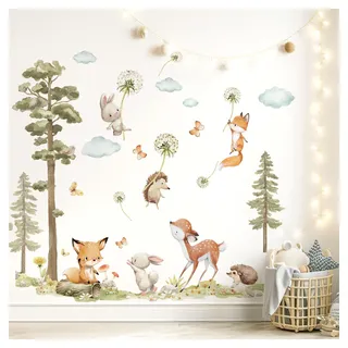 Little Deco Wandsticker Waldtiere Baum Wandtattoo Fuchs Hase REH Wandaufkleber Babyzimmer Pusteblume Kinderzimmer Wanddeko DL5072-05