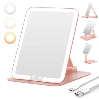 Auxmir Kosmetikspiegel mit Beleuchtung, Ultra Dünn Schminkspiegel mit 3 Lichtfarben, LED Spiegel mit Beleuchtung, USB Wiederaufladbar Tischspiegel Reisespiegel für Schminktisch, Reise, Rosagold