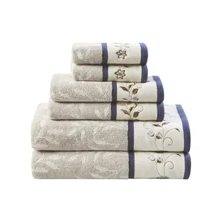 Madison Park Serene Badetuch-Set, 100% Baumwolle, luxuriöses Blumenmuster, Bestickt, Baumwoll-Jacquard-Design, weich und sehr saugfähig, für die Dusche, Verschiedene Größen, Marineblau, 6-teilig