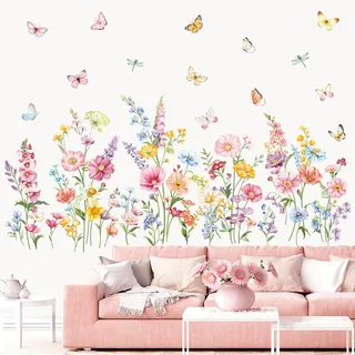 decalmile Wandtattoo Blumen Garten Wandaufkleber Wildblumen Blumenwiese Wiesenblumen Blume Bunt Wandsticker Kinderzimmer Mädchen Schlafzimmer Wohnzimmer Sofa Wanddeko