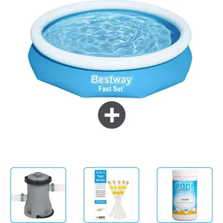 Bestway runder aufblasbarer Fast-Set-Pool – 305 x 66 cm – Blau – im Lieferumfang enthalten Pumpe - Teststreifen - Chlor