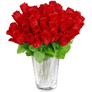 Relaxdays rot, Kunstrosen, Kunstblumen, künstliche Dekoblumen, 48 Stück mit Stiel und Blättern, Köpfe, H: 26 cm, red, 48er Pack