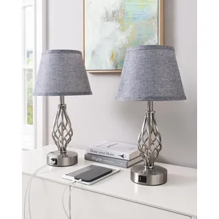 EDISHINE LED Nachttischlampe Touch Dimmbar 2er Set, Tischlampe Modern, Lampe mit Ladefunktion, 2 USB Anschlüsse, für Deko Schlafzimmer, Wohnzimmer, Fensterbank, Geschenk, Lampenschirm Leinen, Grau