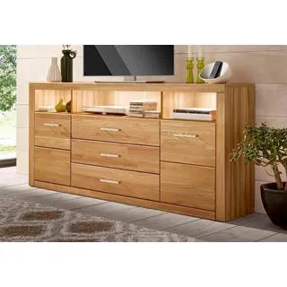 Home Affaire Sideboard »Ribe,180cm breit, Fronten Massivholz,7 Fächer« Holz massiv, Holzwerkstoff, Metall Griffe,2Türen,3Schubladen, braun