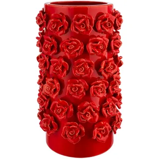 Tischvase GILDE "Vase zylindrisch Roses rot H. 30,5 cm", rot, B:17cm H:30,5cm T:17cm, Keramik, Vasen, Tischvase