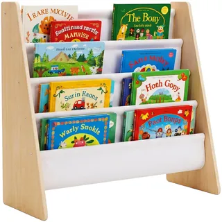 Relaxdays Bücherregal Kinder, HBT: 60 x 63 x 39 cm, 4 Stofffächer, Kinderbücherregal Montessori, Kinderregal, weiß/Natur