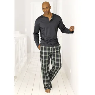 H.I.S. H.I.S Pyjama, (2 tlg., 1 Stück), mit langer karierter Webhose H.I.S grau-grün