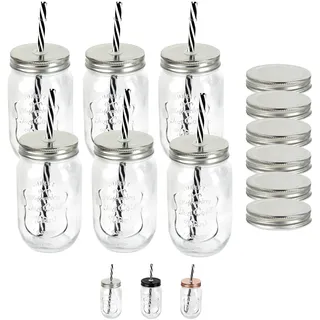 Schramm® 6 Stück Trinkgläser 500 ml mit Strohhalm wiederverwendbar Glas Gläser Einmachgläser mit 12 Deckeln wählbar in Silber, Bronze, schwarz und bunt Aufbewahrungsglas, Farbe:Silber