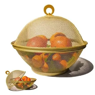 QWXOSR Obstschale mit Deckel, Obstkorb aus Metall - Netz-Obstschalen in Mehreren Farben, Langlebiger & Dekorativer Korb für Obst, Gemüse, Snacks, Küchenaufbewahrung (Gold)