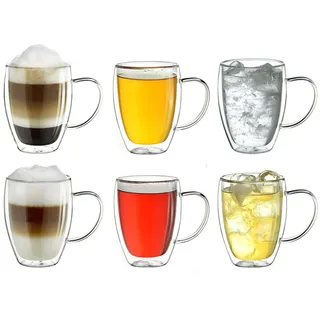 Creano doppelwandiges Thermoglas mit Henkel 400ml, großes Doppelwandglas aus Borosilikatglas, Kaffeegläser, Teegläser, Latte Gläser 6er Set