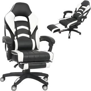 Gamingstuhl Weiß/Schwarz Chefsessel Drehstuhl Bürositz Schreibtisch Fußstütze - Weiß