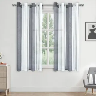 MRTREES Voile Gardinen Kurz Vorhang Halbtransparent Streifen Stores Schals mit Ösenschal Moderner Wohnstil Weiß+Grau 175×140cm (H×B) für Dekoration Kinderzimmer Wohnzimmer Schlafzimmer 2er-Set