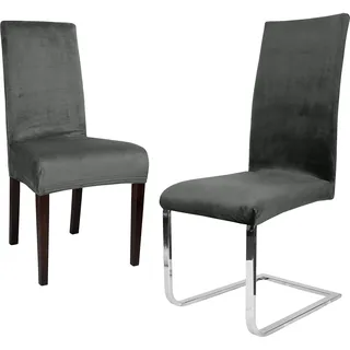 BEAUTEX 2er Set LEA Stuhlhusse, elastische Uni Stretch-Husse aus Samt Mikrofaser Farbe wählbar (Grau)