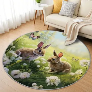 AevuCub Waldtiere Teppich Rund 150cm Kinderzimmer - Waschbare Teppiche Wohnzimmer Kaninchen Schmetterlinge - Runder Teppich 150 Durchmesser - Bettvorleger Schlafzimmer rutschfest Weich