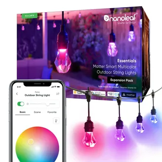 Nanoleaf Essentials Matter, LED Lichterkette Außen 15M Erweiterungs-Kit (RGBICW) - Smarte und Mehrfarbige mit 16 Mio. Farben, IP65 Wasserdicht, 20 Dimmbaren Glühbirnen, WLAN, Bluetooth & Matter-fähig