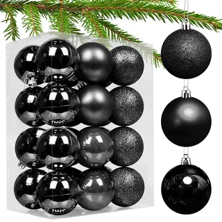 Taeku Weihnachtskugeln Baumschmuck, 24 Stück Weihnachtsbaumschmuck Set Kunststoff Weihnachtskugeln Ornamente Christbaumkugeln Ø 6 cm (Schwarz)